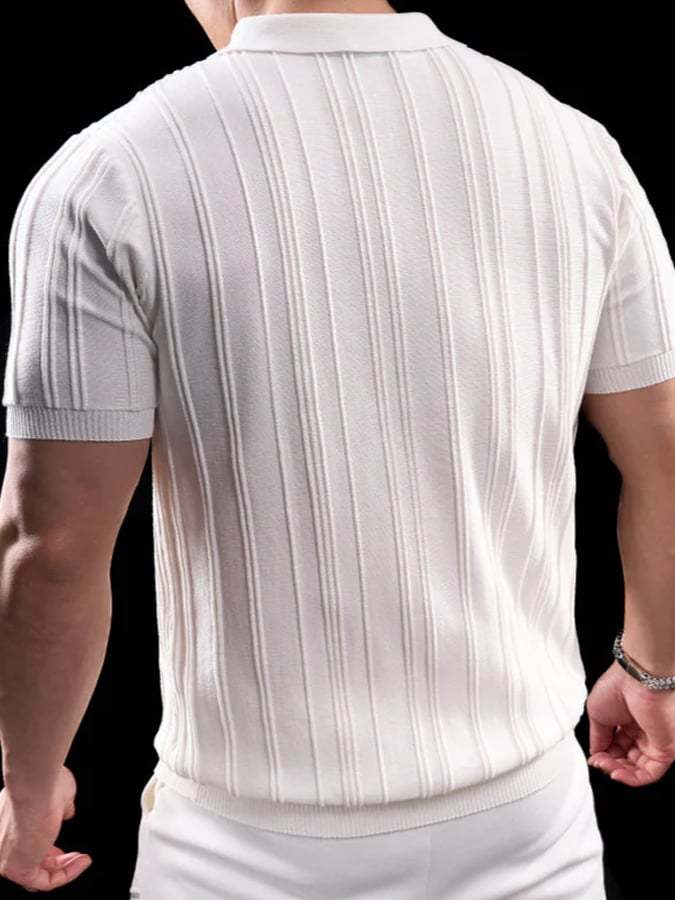 Men's Solid Color Knitted Jacquard Zipper Polo T-Shirt