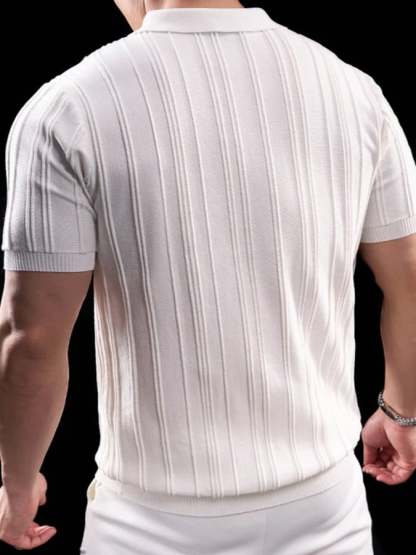 Men's Solid Color Knitted Jacquard Zipper Polo T-Shirt