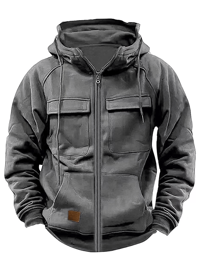 Men's Vintage Double Pocket Solid Color Comfort Zip Cardigan Jacket