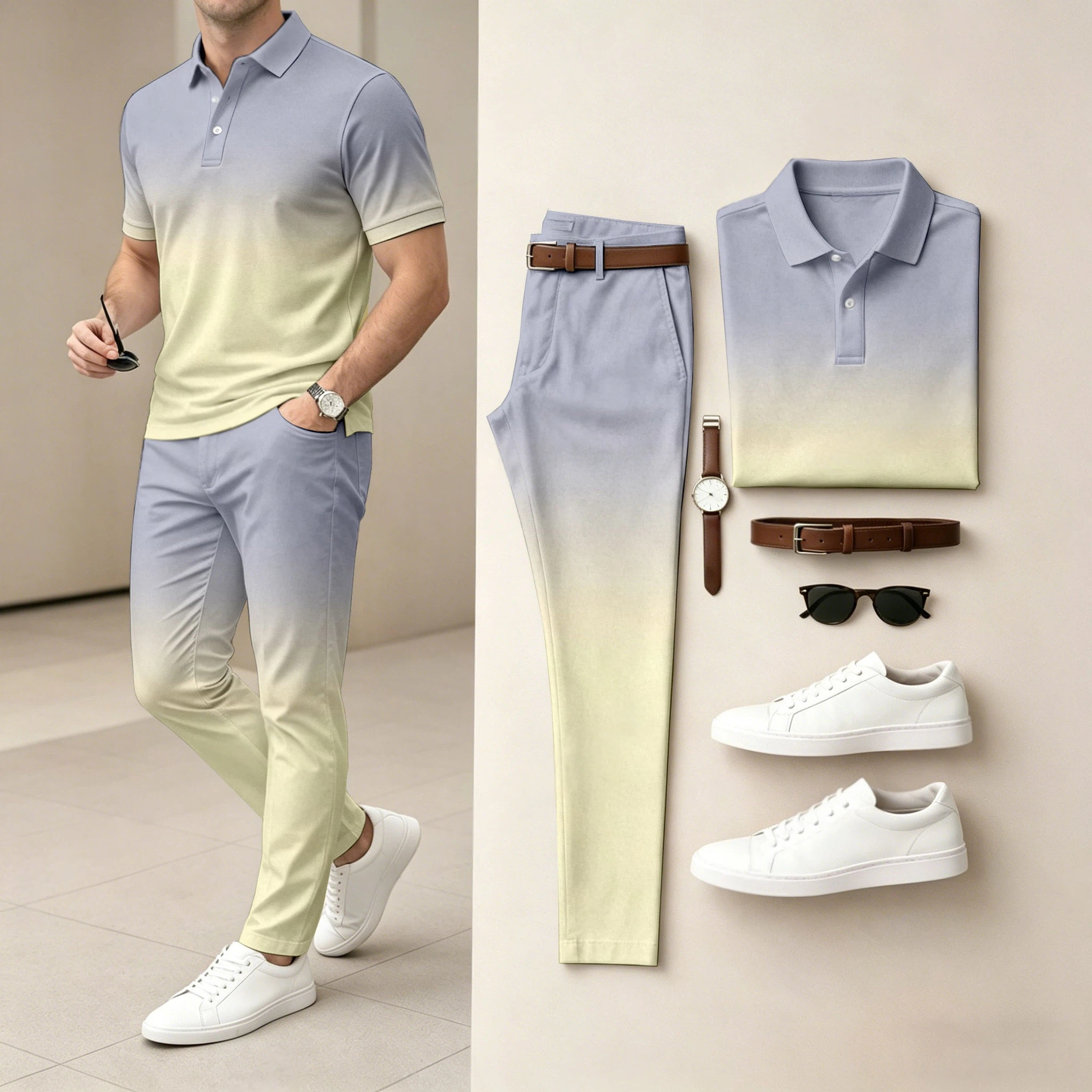 Men's  Ombré Color Short-Sleeve Polo Shirt and Pants Two-Piece Set