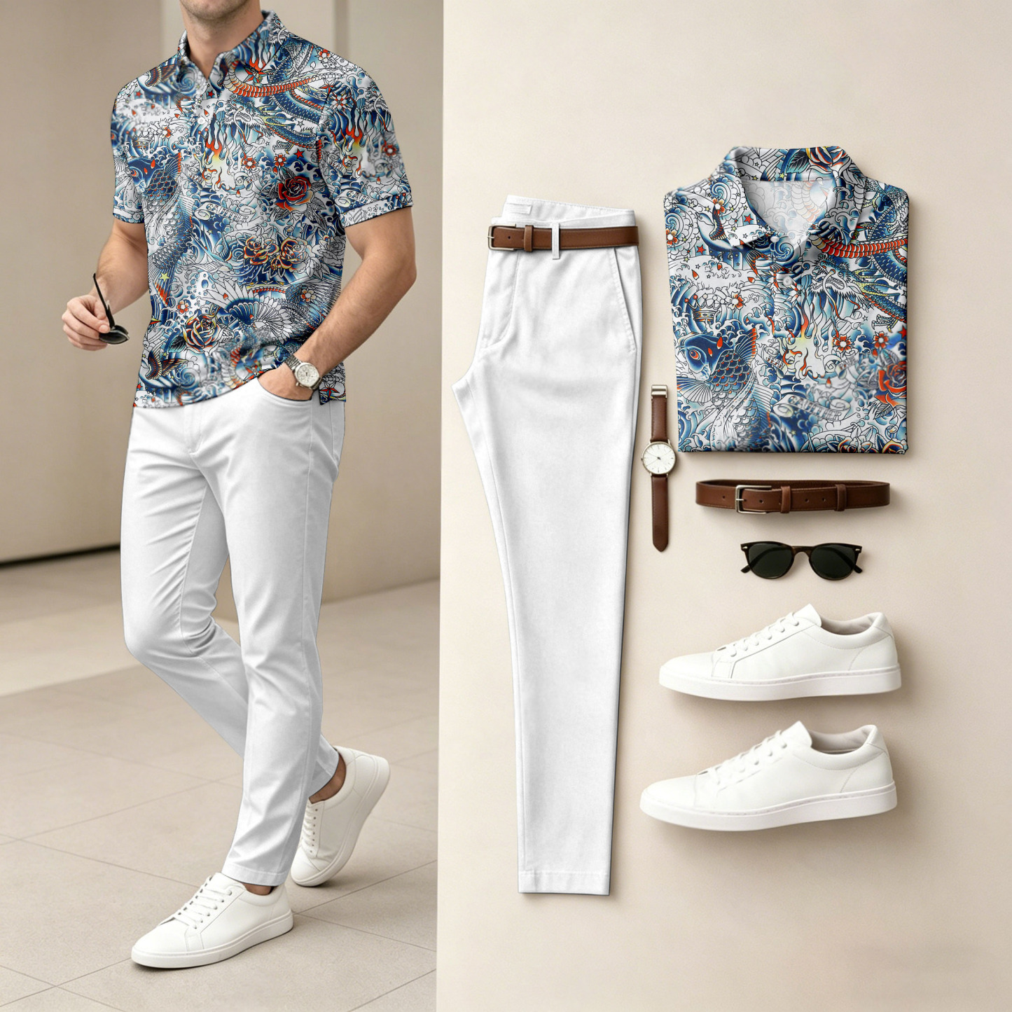 Men's Casual Printed Polo Shirt And Pants Two-Piece Set