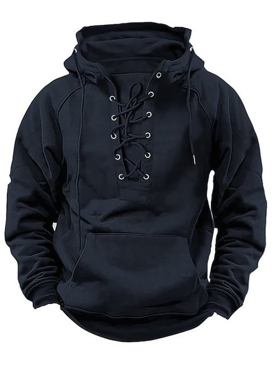 Men's Casual Tie-Strap Raglan Sleeve Pocket Hoodie