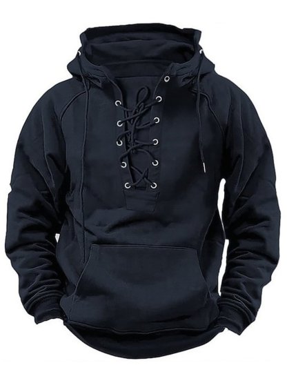 Men's Casual Tie-Strap Raglan Sleeve Pocket Hoodie