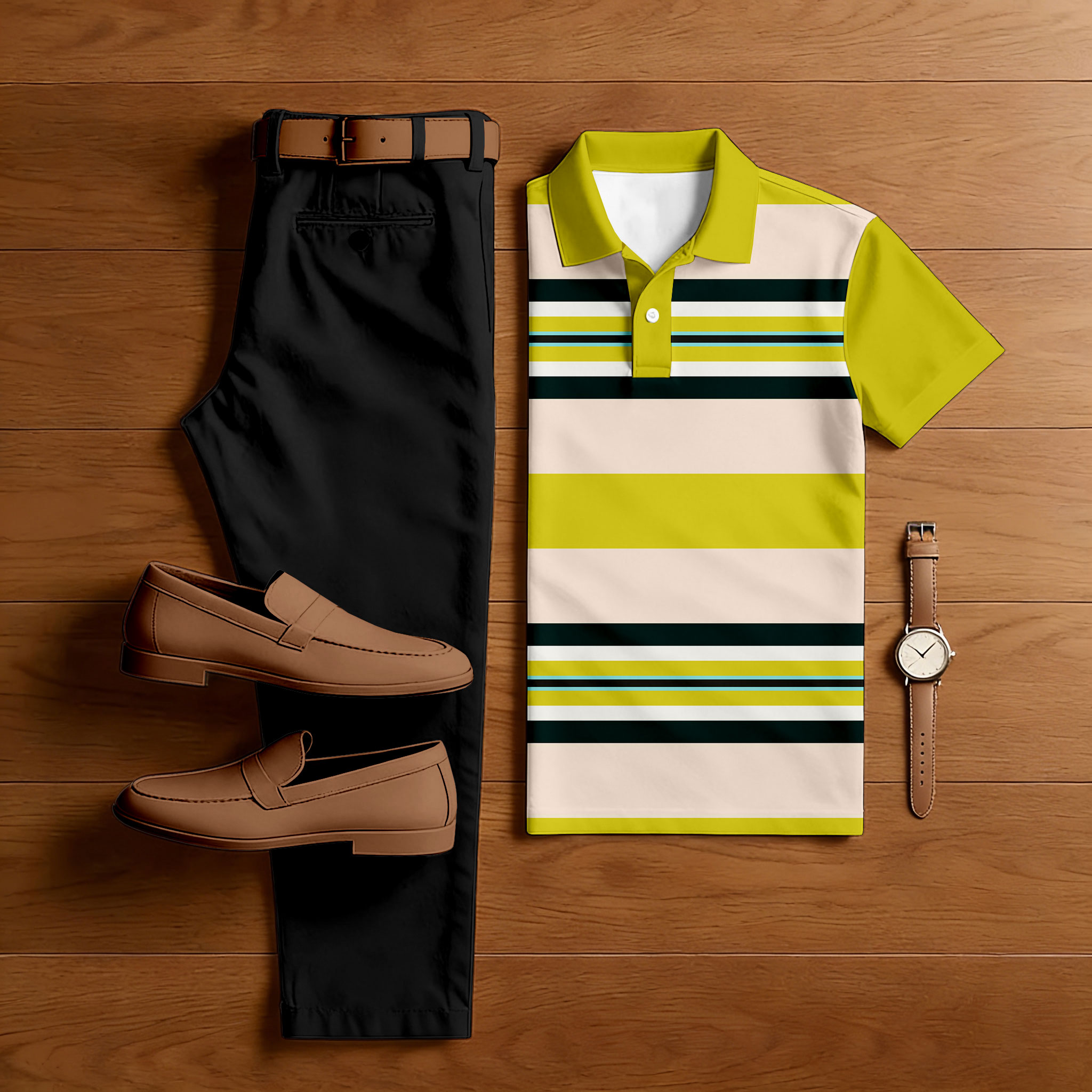 Men's Casual Black & Green Yellow Color Matching Striped Printed Short Sleeved Polo Shirt & Trousers Two-Piece Set