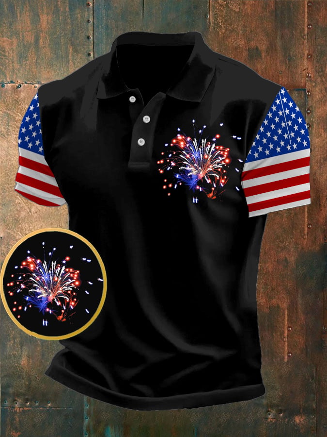 Men's American Flag Independence Day Fireworks Print Casual POLO Shirt
