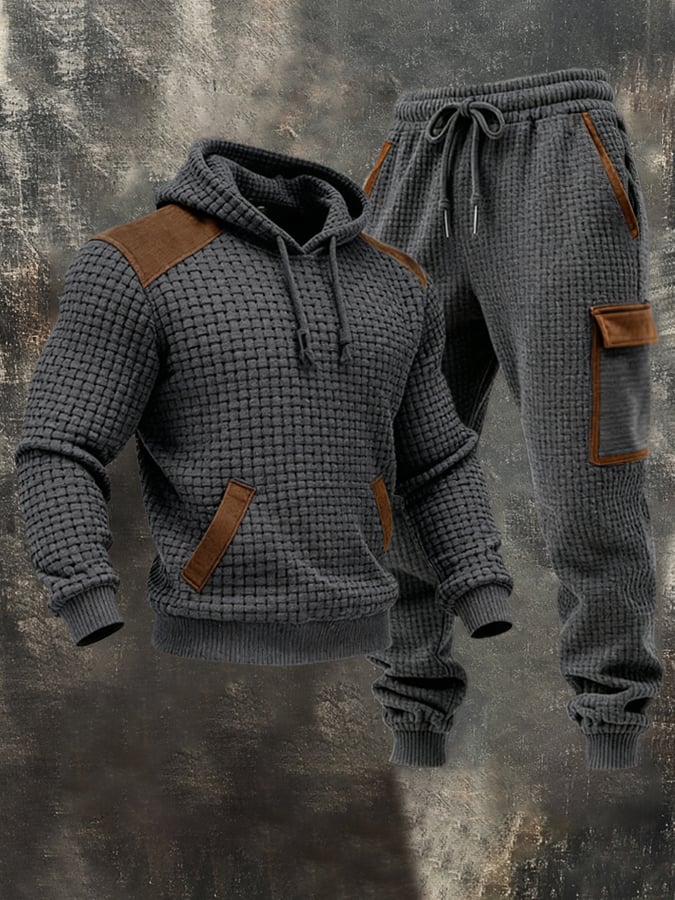 Men'S Corn Kernel Stitching Contrast Color Hooded Casual Sweatshirt Suit