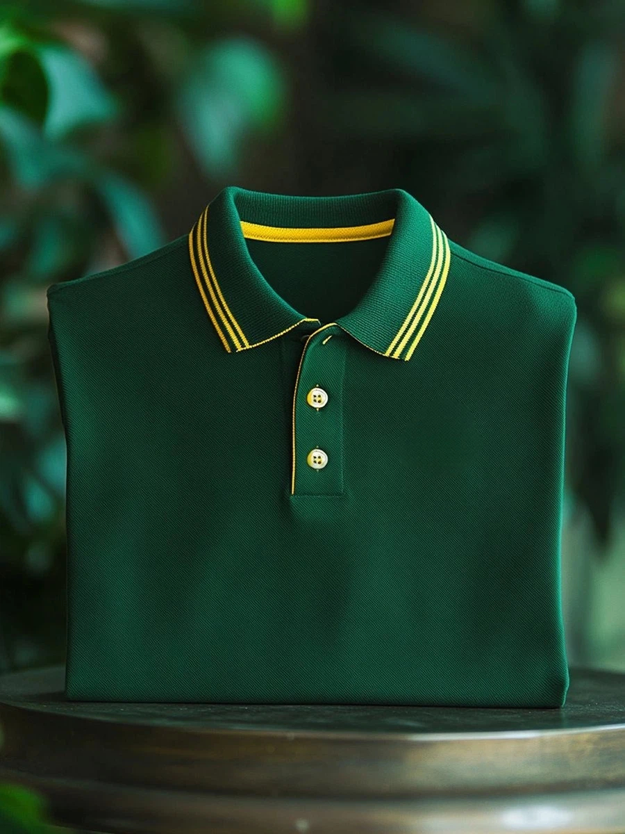 Men's Business Casual Green Logo Button Short Sleeve Polo Shirt