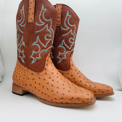 Men's Vintage Western Embroidered Ostrich Pattern Boots