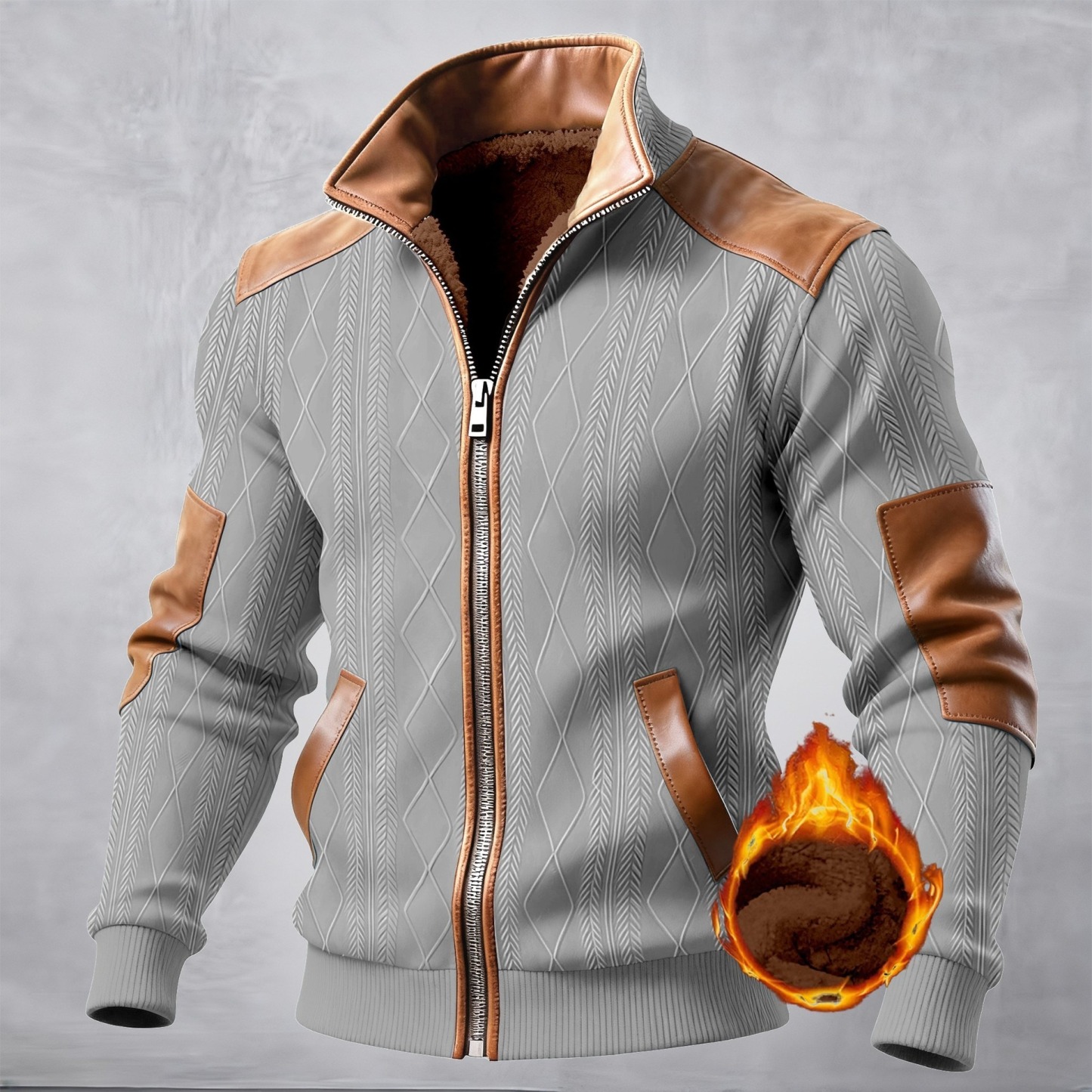 Men's Stand Collar Color Block Textured Fleece Zipper Casual Jacket