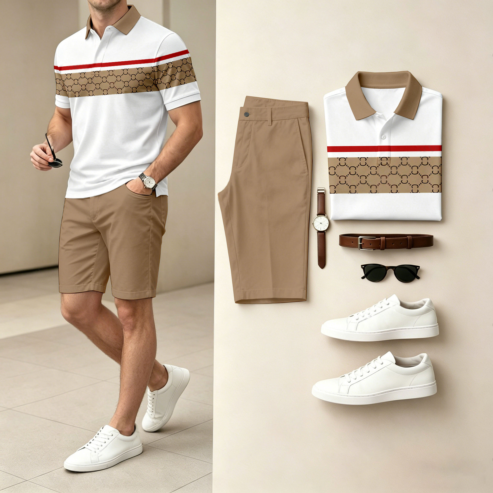 Men's Casual Geometric Color Polo Shirt & Shorts Two-Piece Set