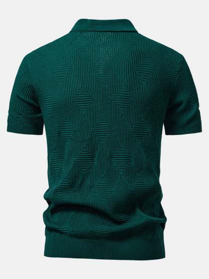 Rhombus Textured Zip Up Knitted Polo Shirt