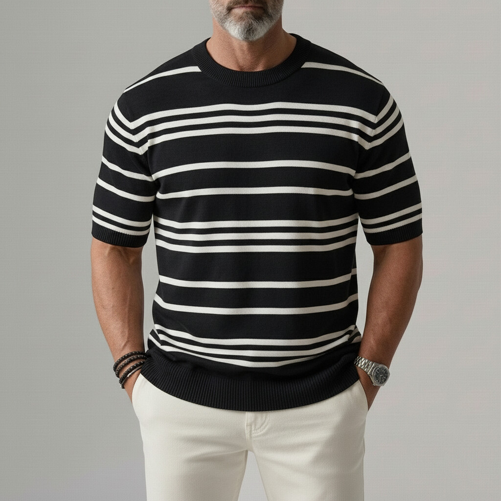 Men's Apricot Casual Striped Pattern Crew Neck Knitted Short Sleeve T-Shirt