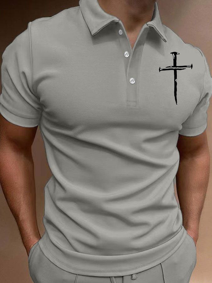 Men's Casual Cross Print Button Collar Polo Top