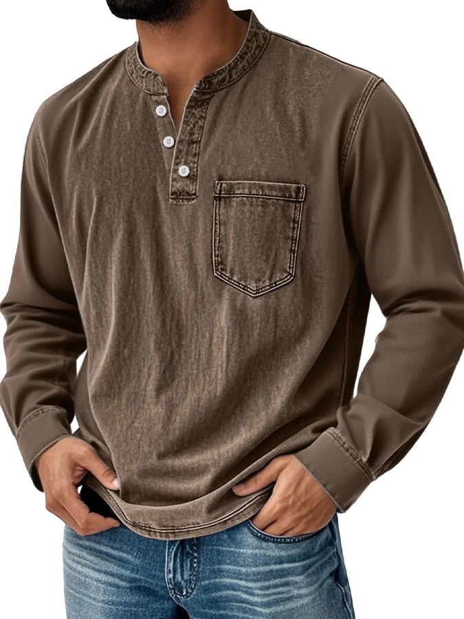 Men's Vintage Basic Washed Distressed Long Sleeve Henley Shirt