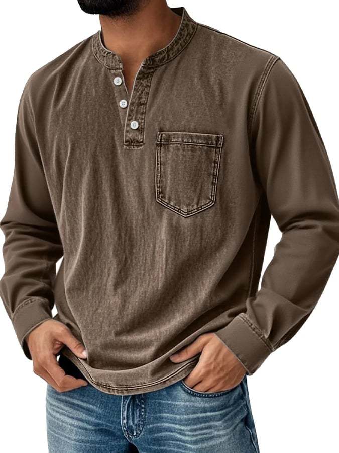 Men's Vintage Basic Washed Distressed Long Sleeve Henley Shirt