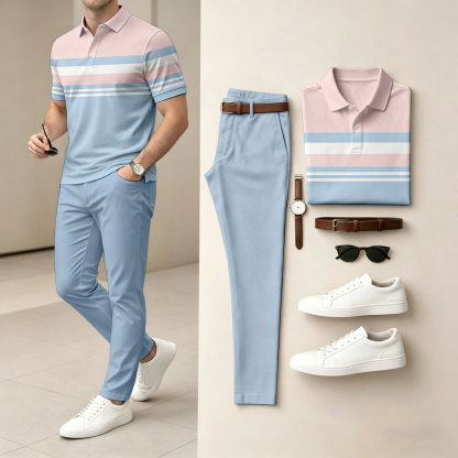 Men's Light And Mature Style, Simple Color Matching Short Sleeved Polo Shirt & Pants Two-Piece Set