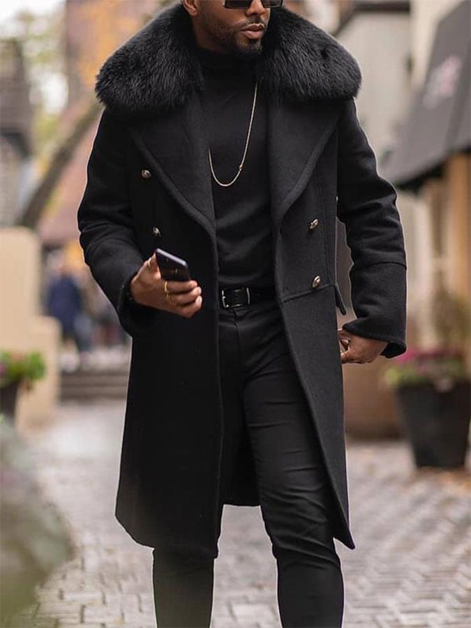 men's retro fur collar mid-length coat