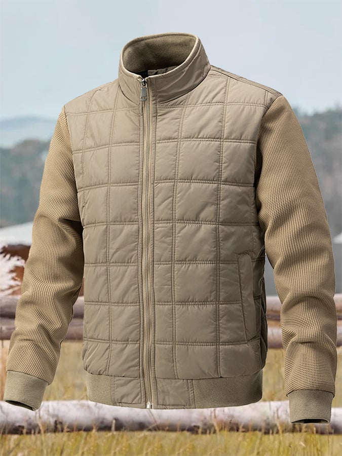 Men's Vintage Plaid Cotton Waffle Patchwork Casual Cotton Jacket