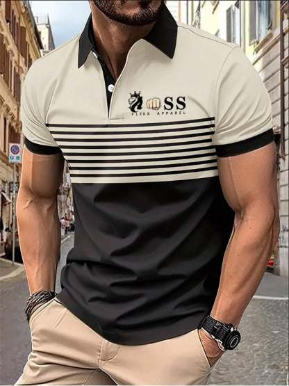 Men's Striped Lettering Casual Polo Shirt
