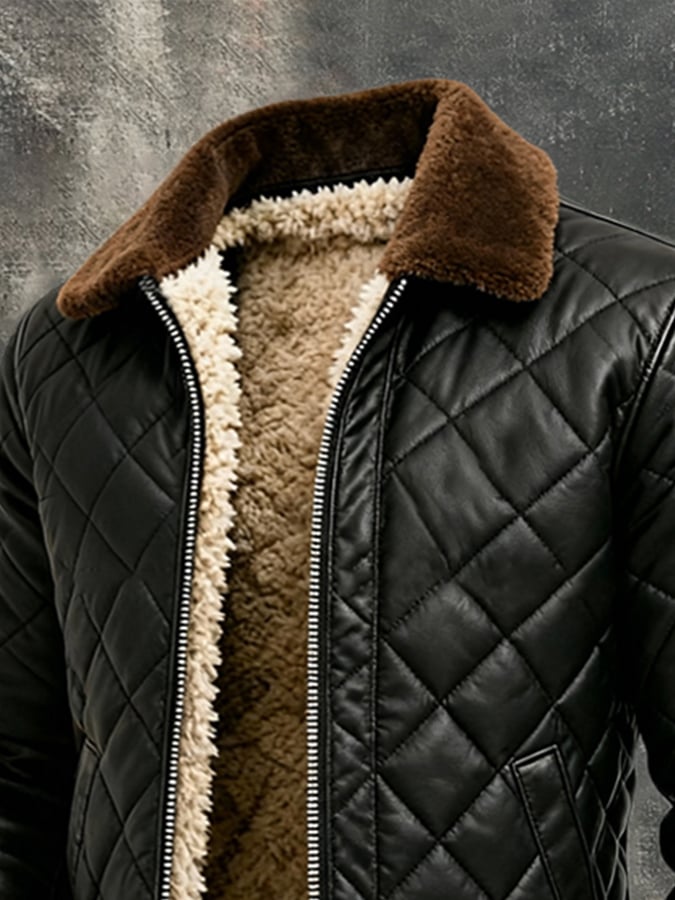 Men'S Vintage Warm Soft Leather Large Fur Collar Outdoor Jacket