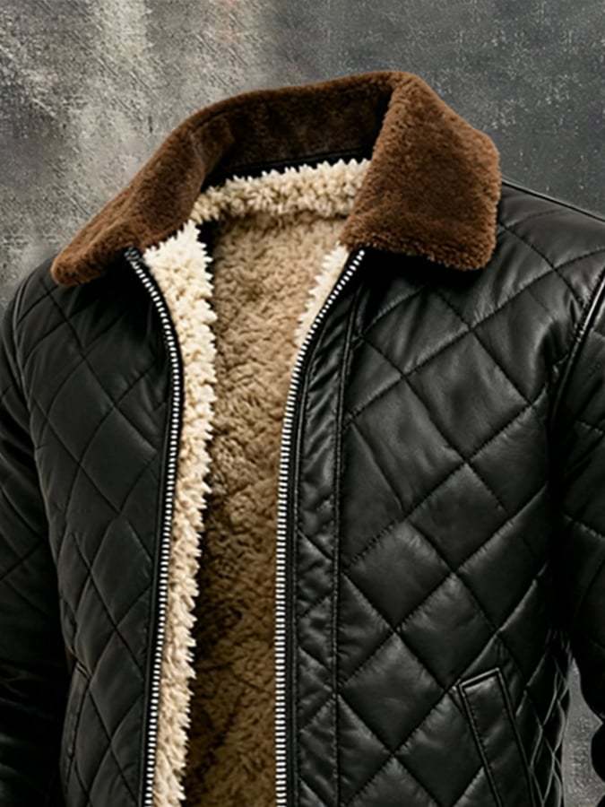 Men'S Vintage Warm Soft Leather Large Fur Collar Outdoor Jacket
