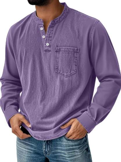 Men's Vintage Basic Washed Distressed Long Sleeve Henley Shirt