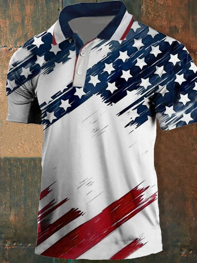 Men's Vintage American Flag Printed Casual POLO Shirt