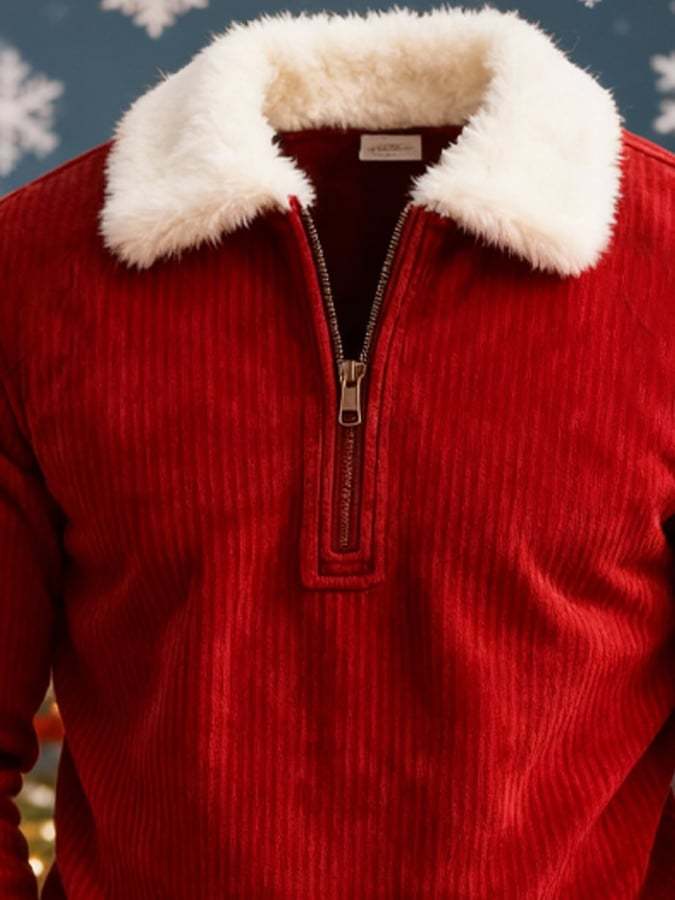 Men's Corduroy Plush Color-Blocked Christmas Hooded Sweatshirt