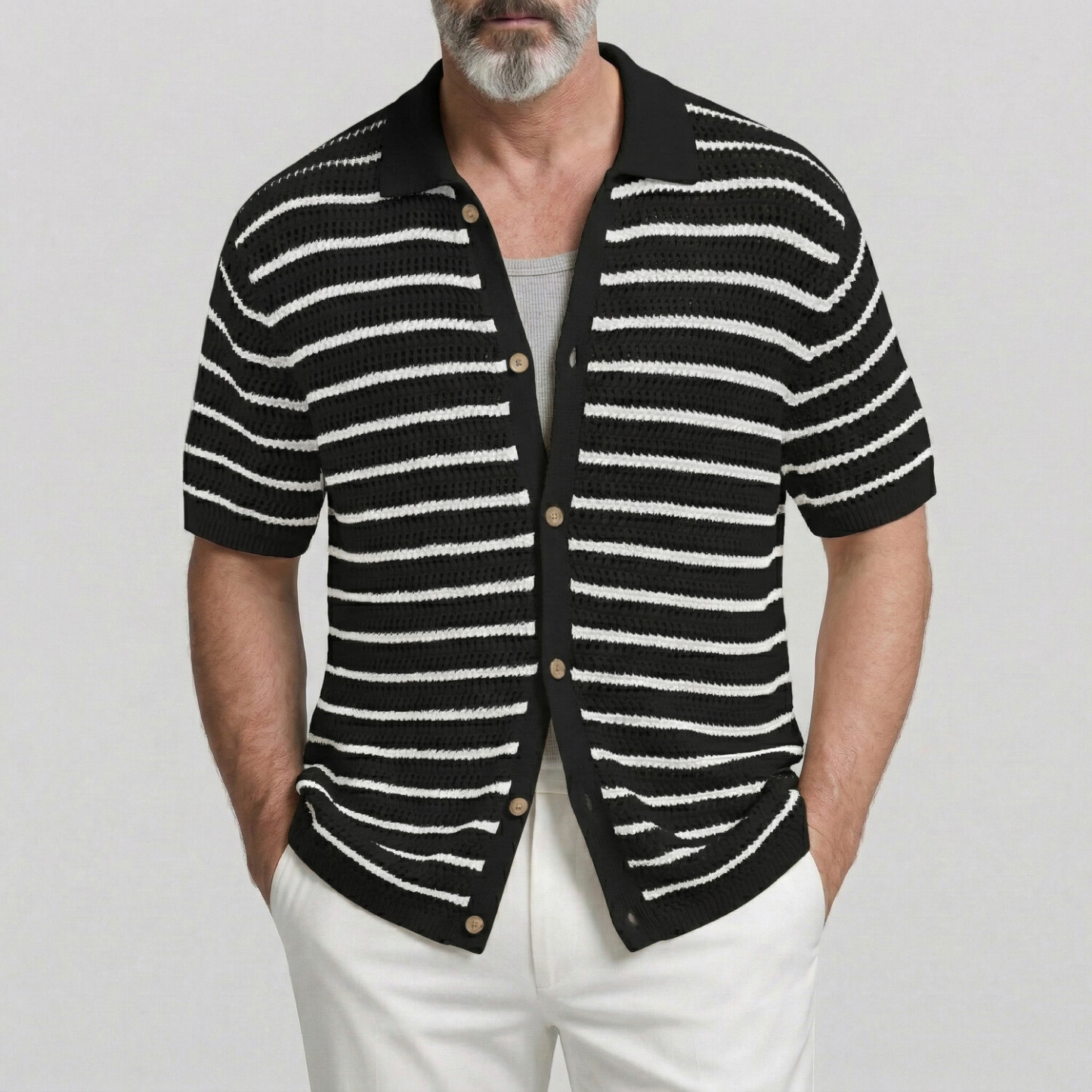 Men's Casual Green Striped Pattern Single Breasted Hollow Out Knit Short Sleeve Shirt