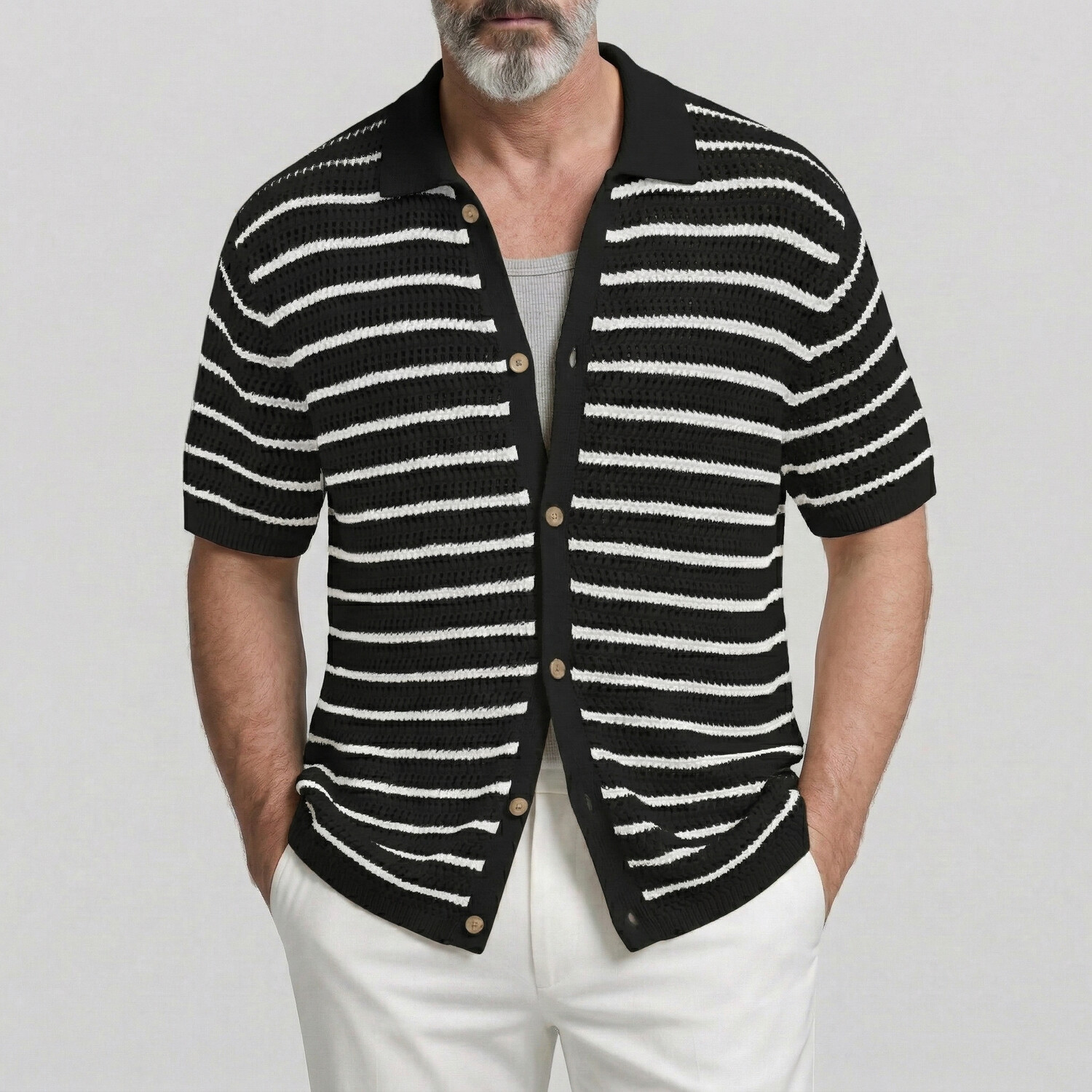 Men's Casual Green Striped Pattern Single Breasted Hollow Out Knit Short Sleeve Shirt