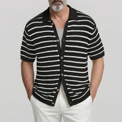 Men's Casual Green Striped Pattern Single Breasted Hollow Out Knit Short Sleeve Shirt