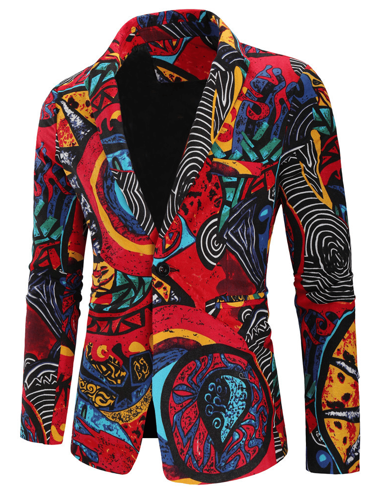 Men's casual cotton and linen ethnic style printed suit