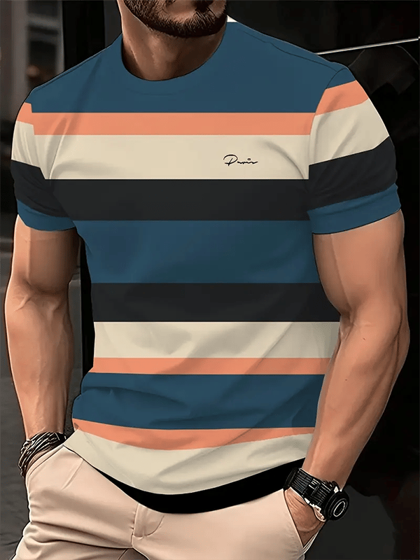 Men's Business Stripe Logo Print Short Sleeve T-Shirt