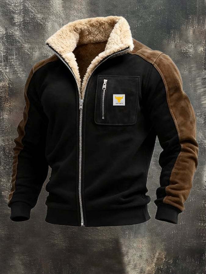 Men's Vintage Suede Splicing Warm Multi-Pocket Outdoor Jacket