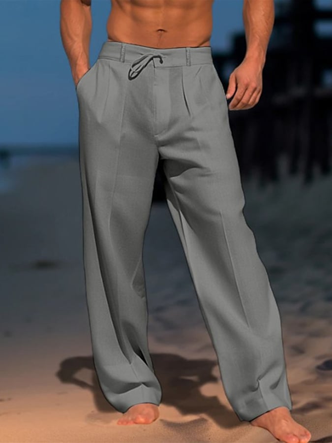 Men's Casual Solid Color Cotton And Linen Comfortable Vacation Trousers