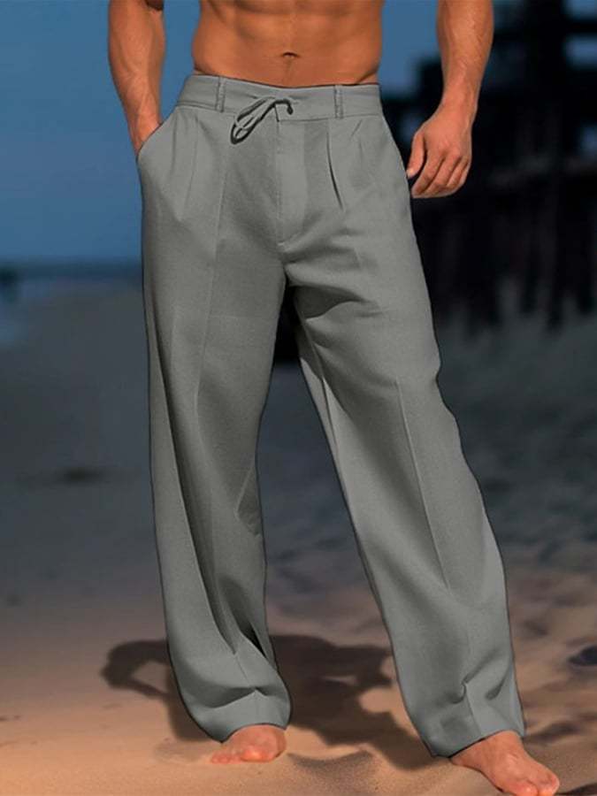 Men's Casual Solid Color Cotton And Linen Comfortable Vacation Trousers