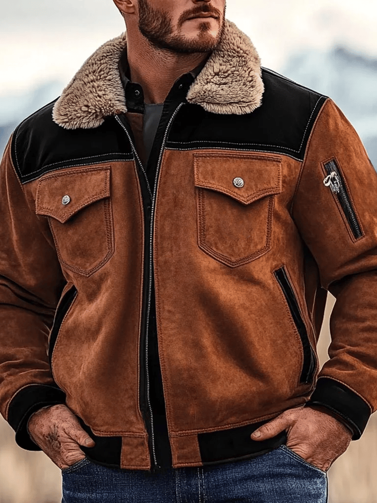 Men's Vintage Suede Contrast Multi-Pocket Plush Lapel Collar Bomber Ja