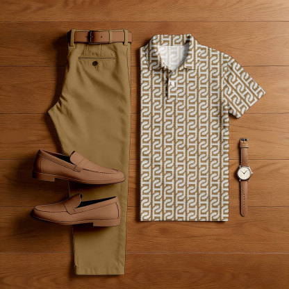 Men's Casual Tan & Khaki Color Matching Vintage Printed Short Sleeved Polo Shirt & Trousers Two-Piece Set
