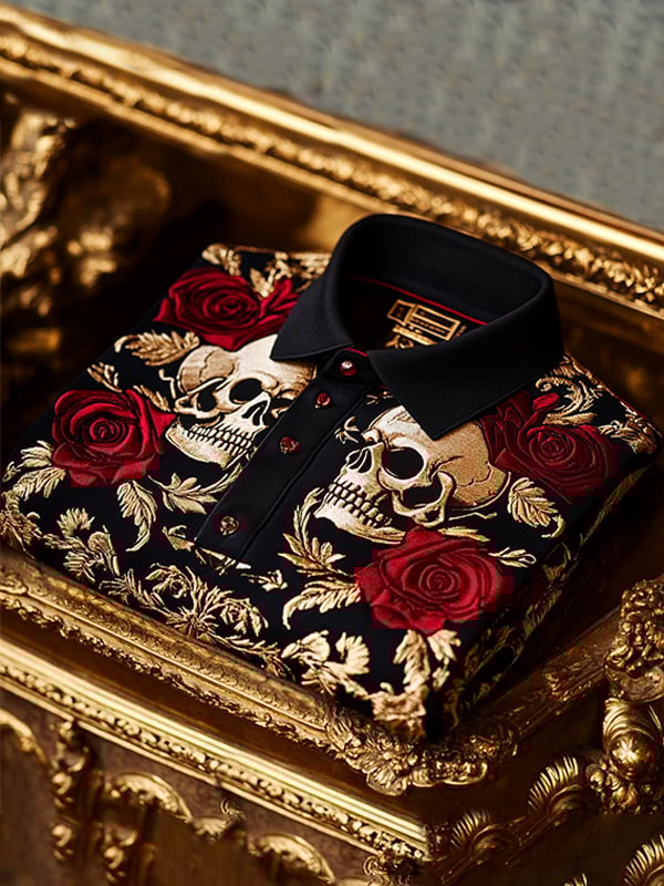 Men's Retro Gothic Skull Pattern Short Sleeve Polo Shirt
