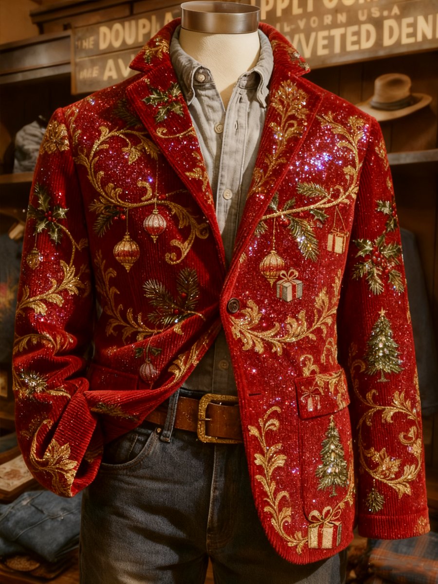 Men's Retro Christmas Evergreen Lapel Suit Jacket