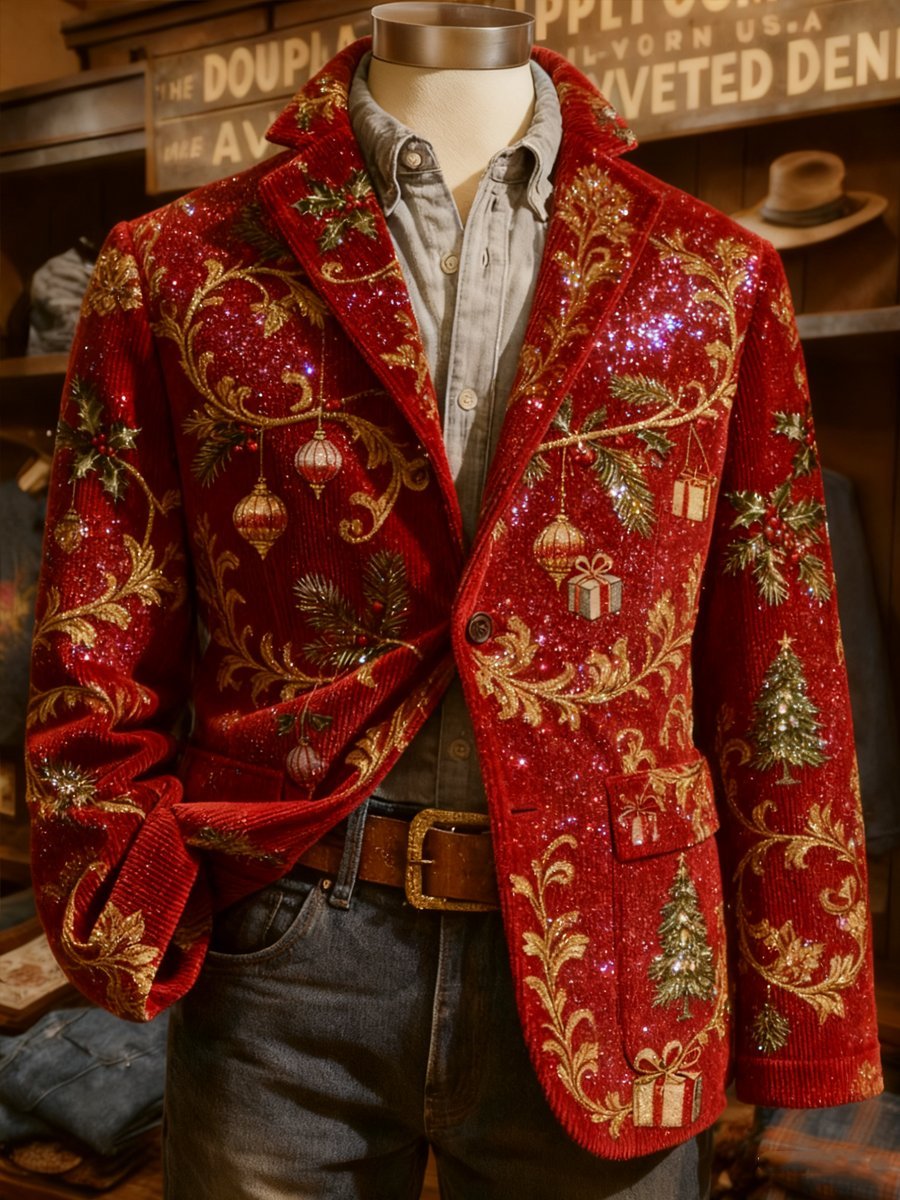 Men's Retro Christmas Evergreen Lapel Suit Jacket