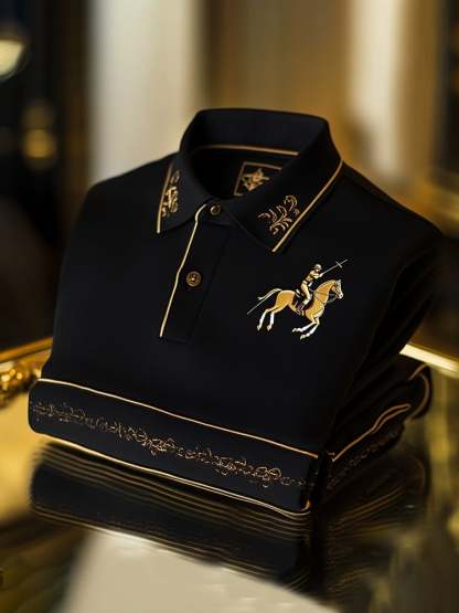 Men's Classic Business Check Logo Button Short Sleeve Polo Shirt