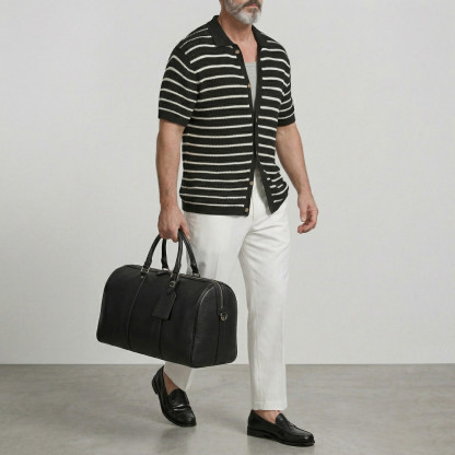 Men's Casual Green Striped Pattern Single Breasted Hollow Out Knit Short Sleeve Shirt