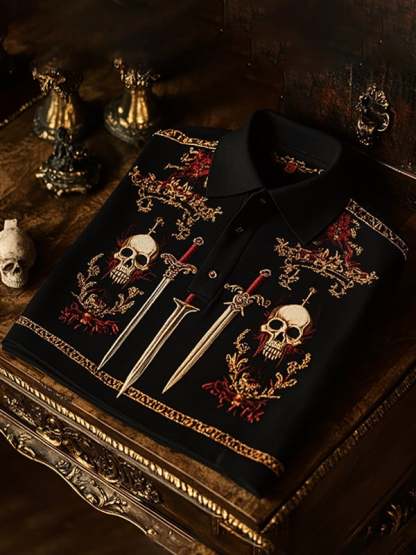 Men's Retro Gothic Skull Pattern Short Sleeve Polo Shirt