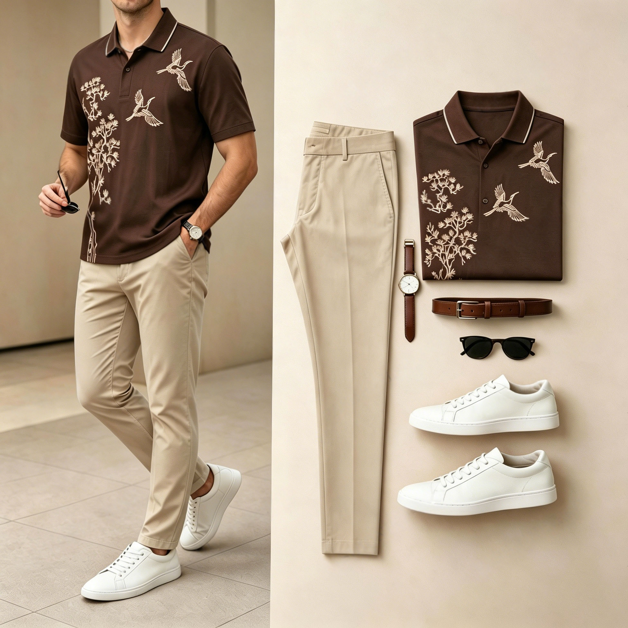Men's Casual Color-Blocked Floral And Bird Print Short-Sleeve Polo Shirt And Pants Two-Piece Set (Does Not Include Accessories Such As Watches Or Glasses)