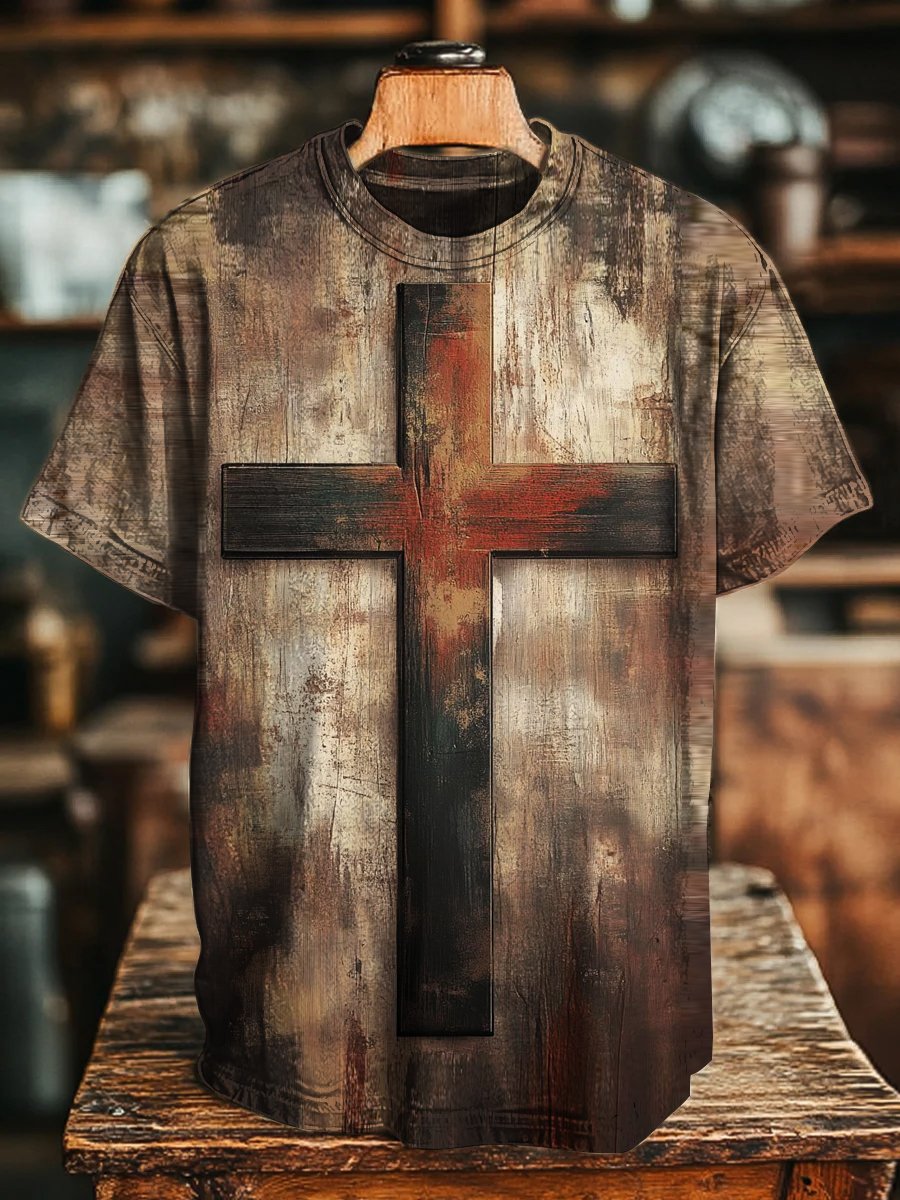 Men's Vintage Distressed Cross Short Sleeve T-Shirt