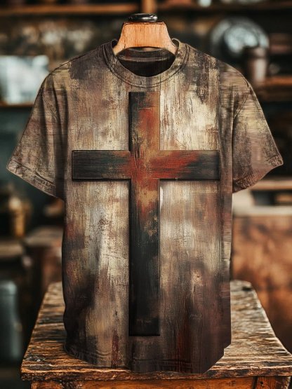 Men's Vintage Distressed Cross Short Sleeve T-Shirt