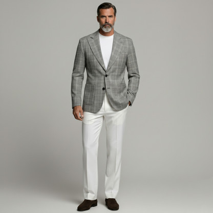 Men's Business Gray Plaid Print Two Button Patch Pocket Notch Lapel Blazer