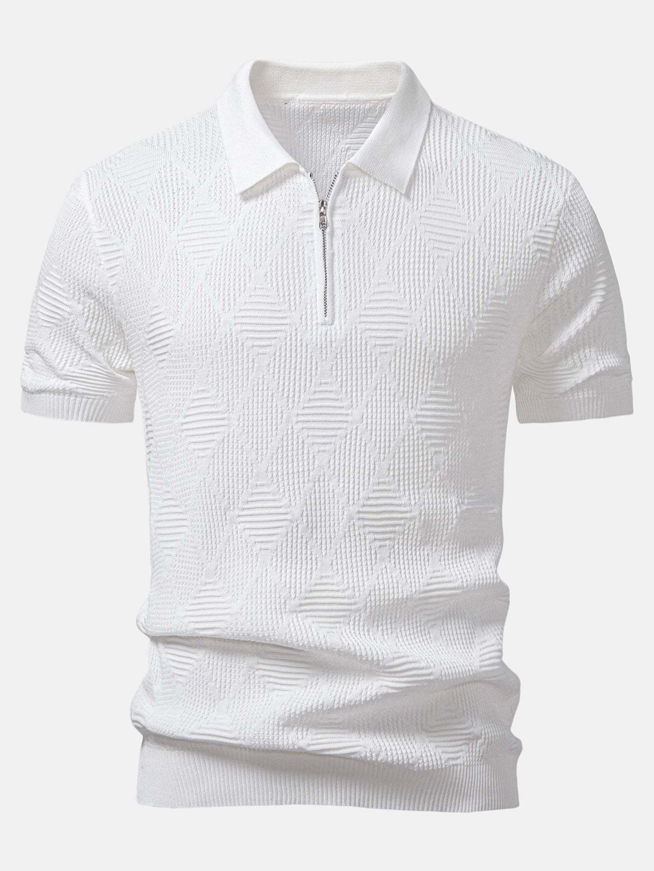 Rhombus Textured Zip Up Knitted Polo Shirt