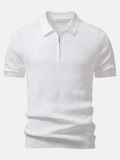 Rhombus Textured Zip Up Knitted Polo Shirt